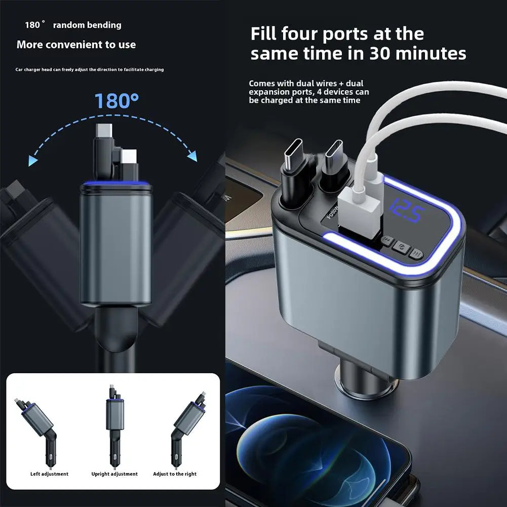 5 in 1 Retractable USB C Car Charger 180W Car Fast Charging Adapter with Atmosphere Lights for Iphone,Ipad,Android