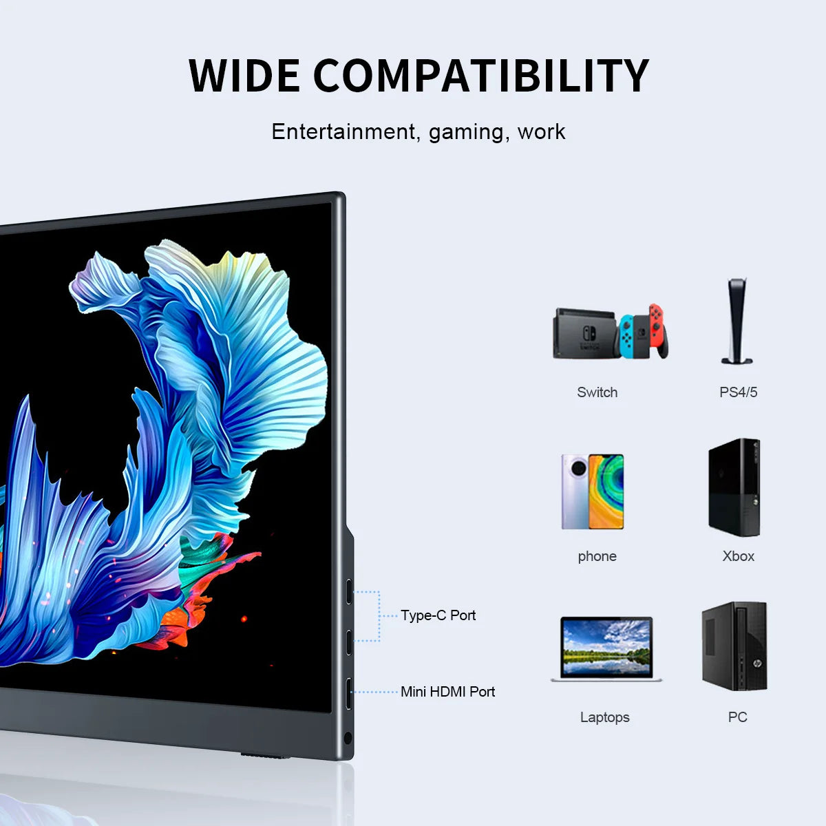 2.5K Portable Monitor 13.3” 2560X1600 External Display 16:10 Second Monitor Screen Type-C HDMI for Xbox Switch PS Phone