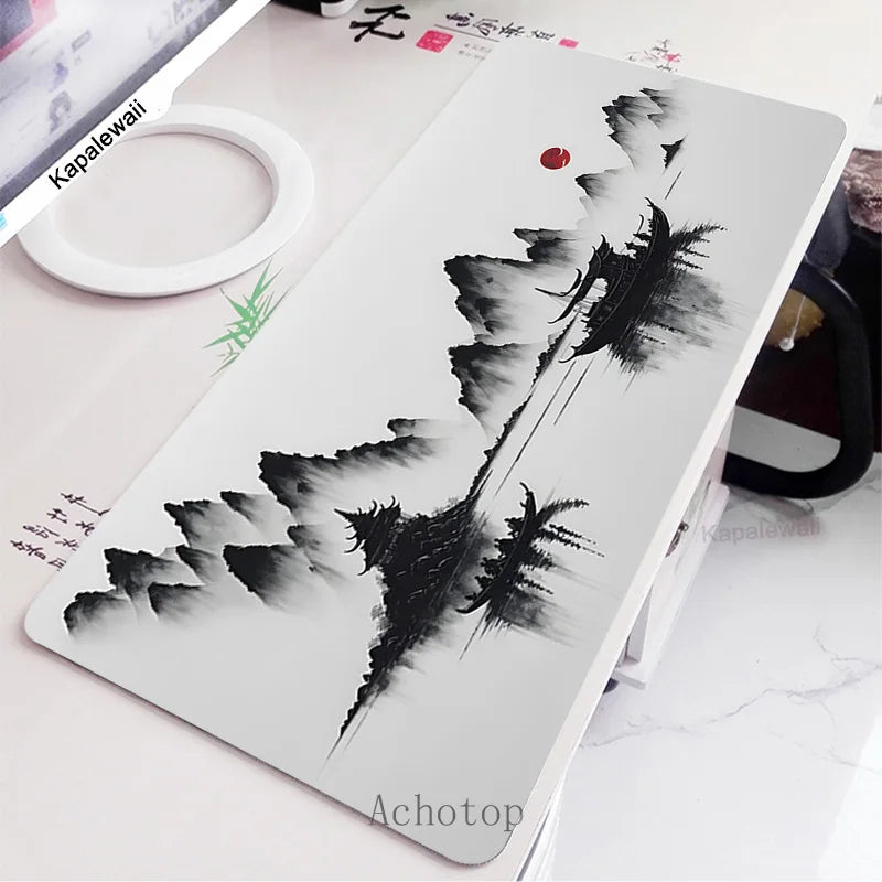 Black and White Laptop Gamer Mousepad Gaming Mouse Pad Ink and Wash Large Rug Locking Edge Keyboard 100X50Cm Desk Mat for CSGO