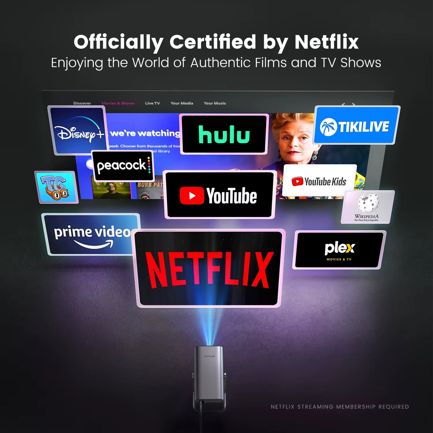 I 4K Projector Netflix Officially 800ANSI Native 1080P Auto Focus & Keystone 30000 Lumens BT5.2 WIFI6 Portable 360° Rotate