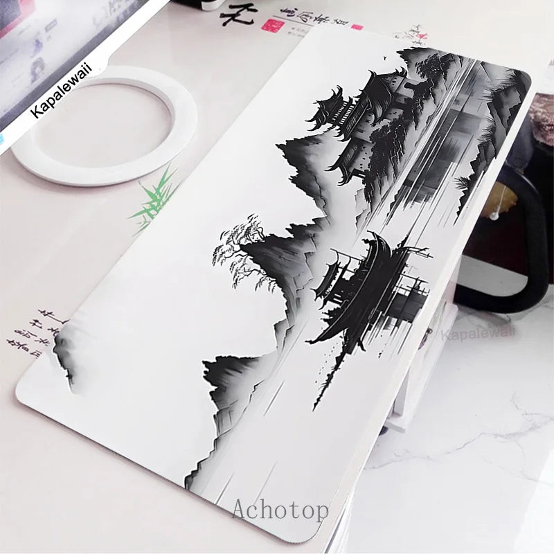 Black and White Laptop Gamer Mousepad Gaming Mouse Pad Ink and Wash Large Rug Locking Edge Keyboard 100X50Cm Desk Mat for CSGO