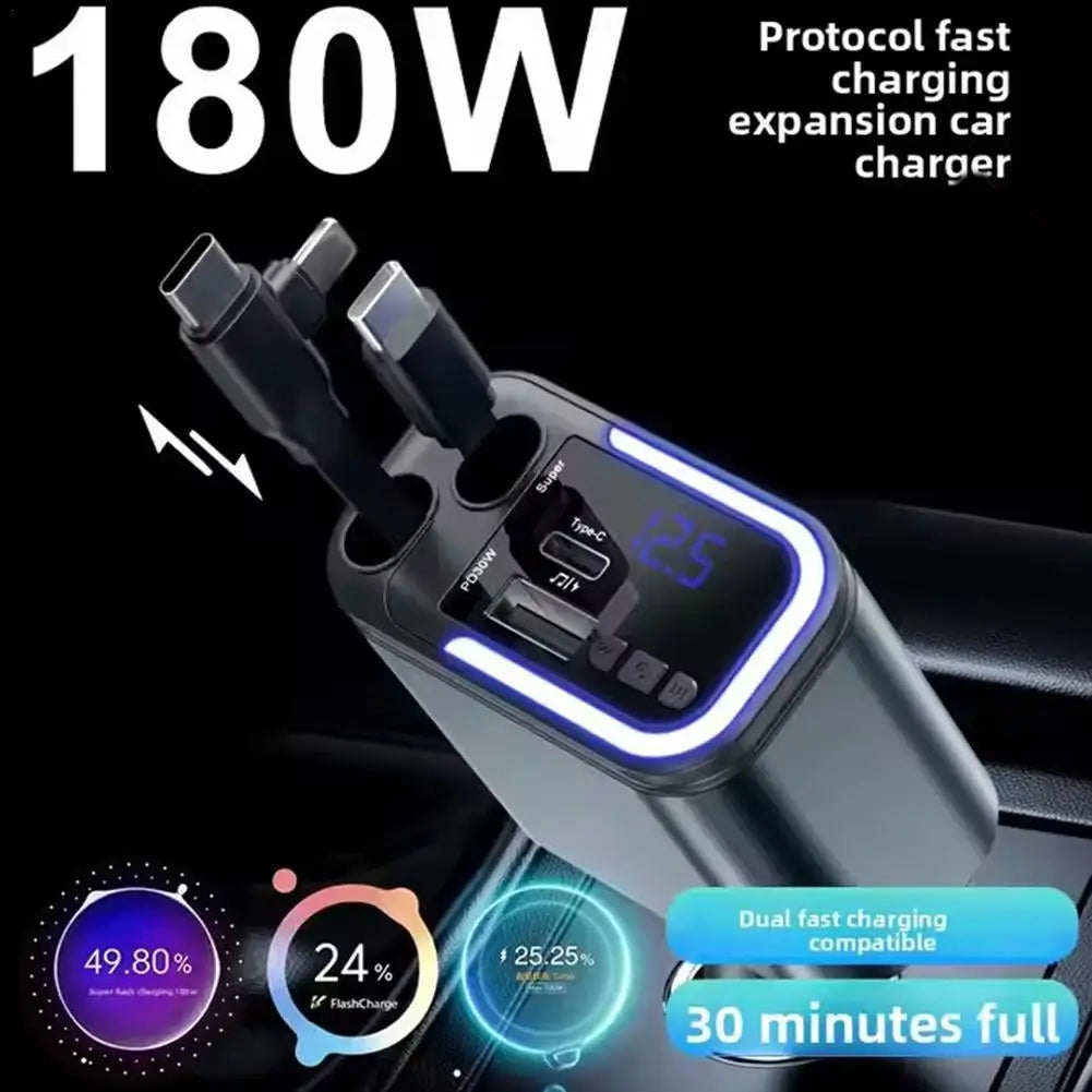 5 in 1 Retractable USB C Car Charger 180W Car Fast Charging Adapter with Atmosphere Lights for Iphone,Ipad,Android