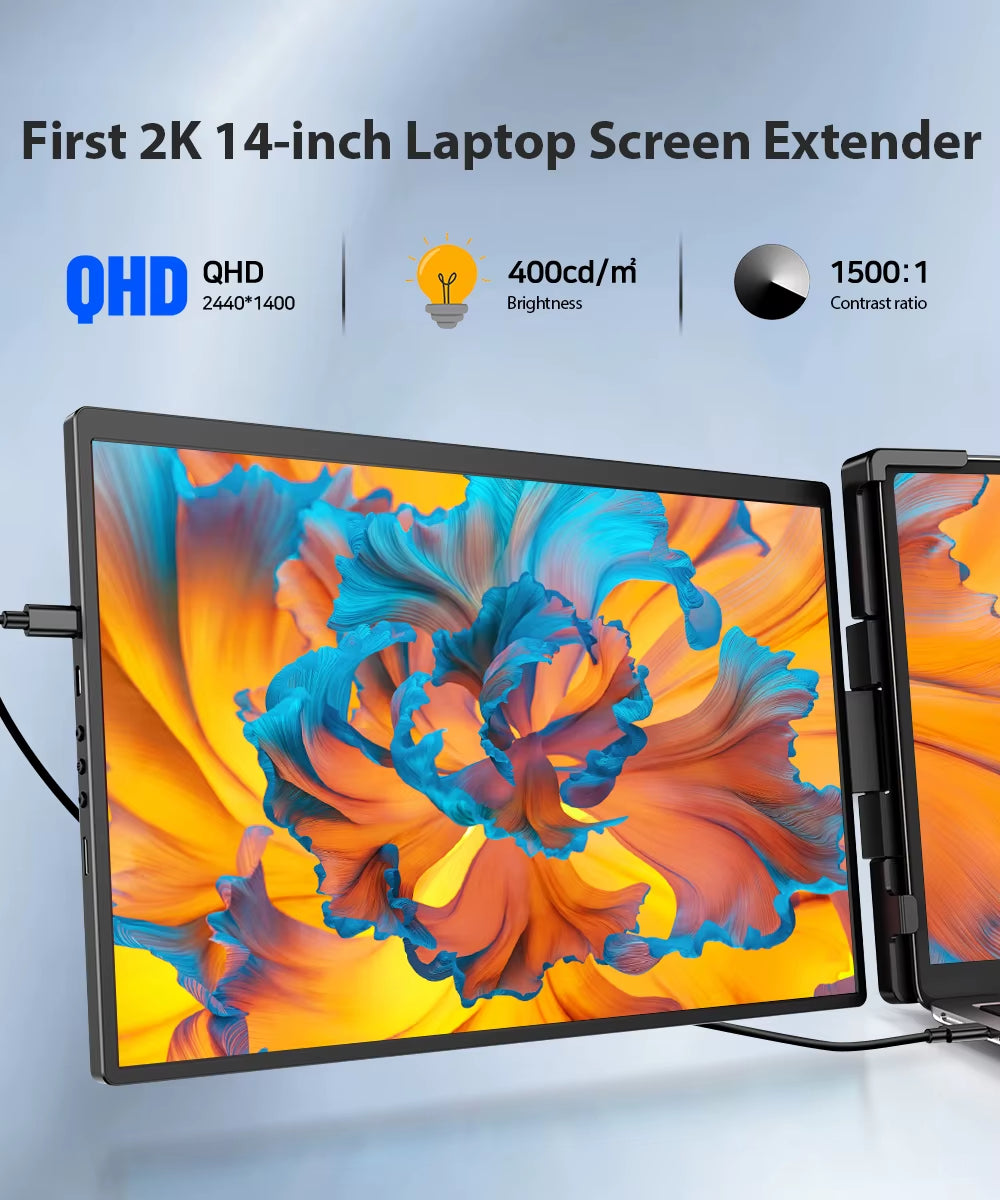 Z 2K 14 Inch Laptop Monitor Extender USB C HDMI Portable Travel Display for PC Mac PS4/5 XBOX W/ Speakers & Kickstand